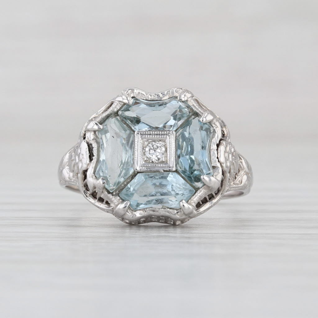 Vintage Aquamarine Diamond Ring 14k White Gold Filigree Size 7.5