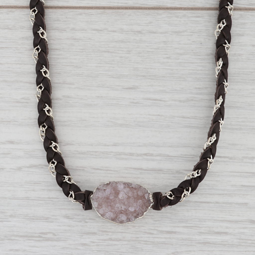 New Nina Wynn Cordelia Necklace Woven Dark Brown Leather Tags Druzy Quartz