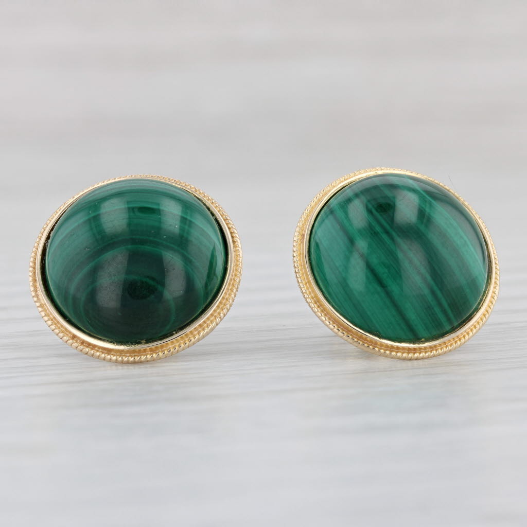 Light Gray Green Malachite Cabochon Stud Earrings 10k Yellow Gold