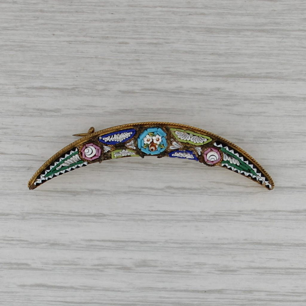 Antique Glass Micro Mosaic Crescent Brooch Gold Filled Pin