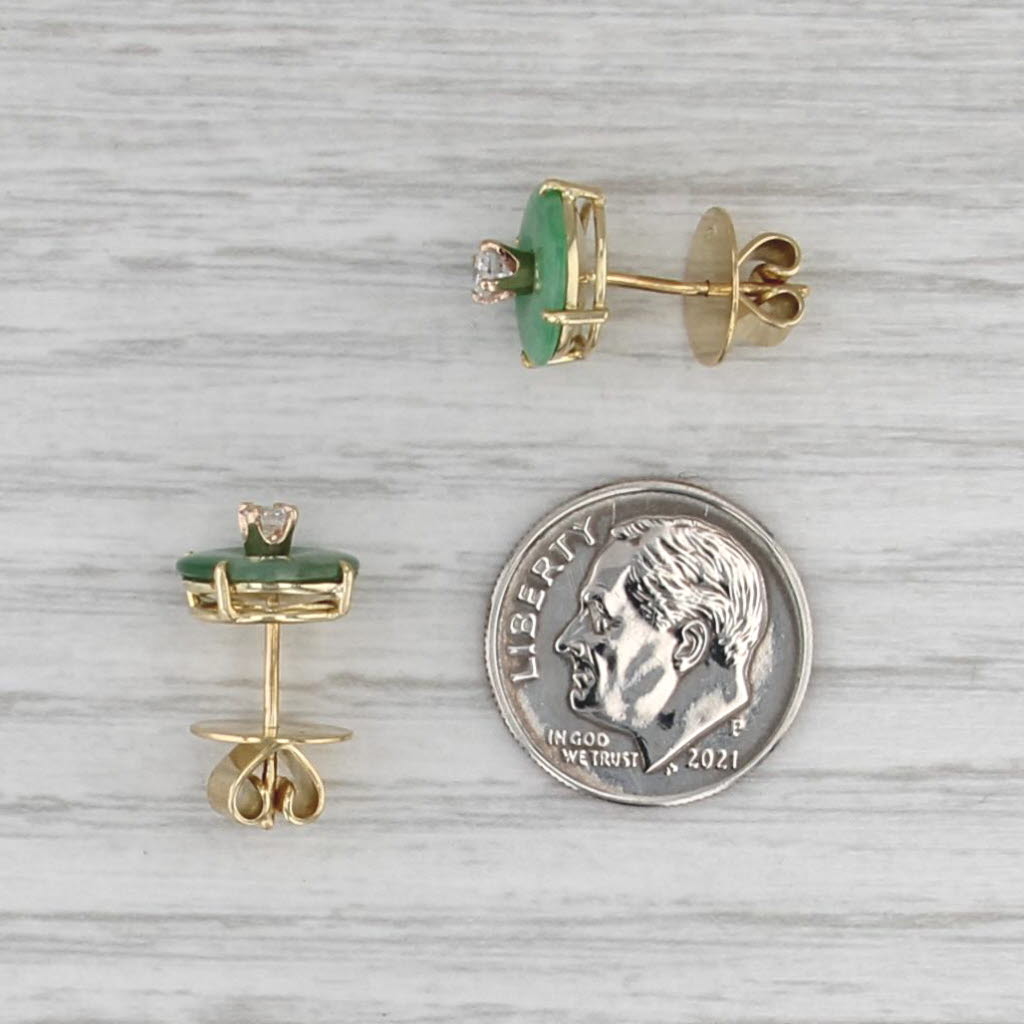 Green Jadeite Jade Diamond Stud Earrings 18k Yellow Gold Round Studs
