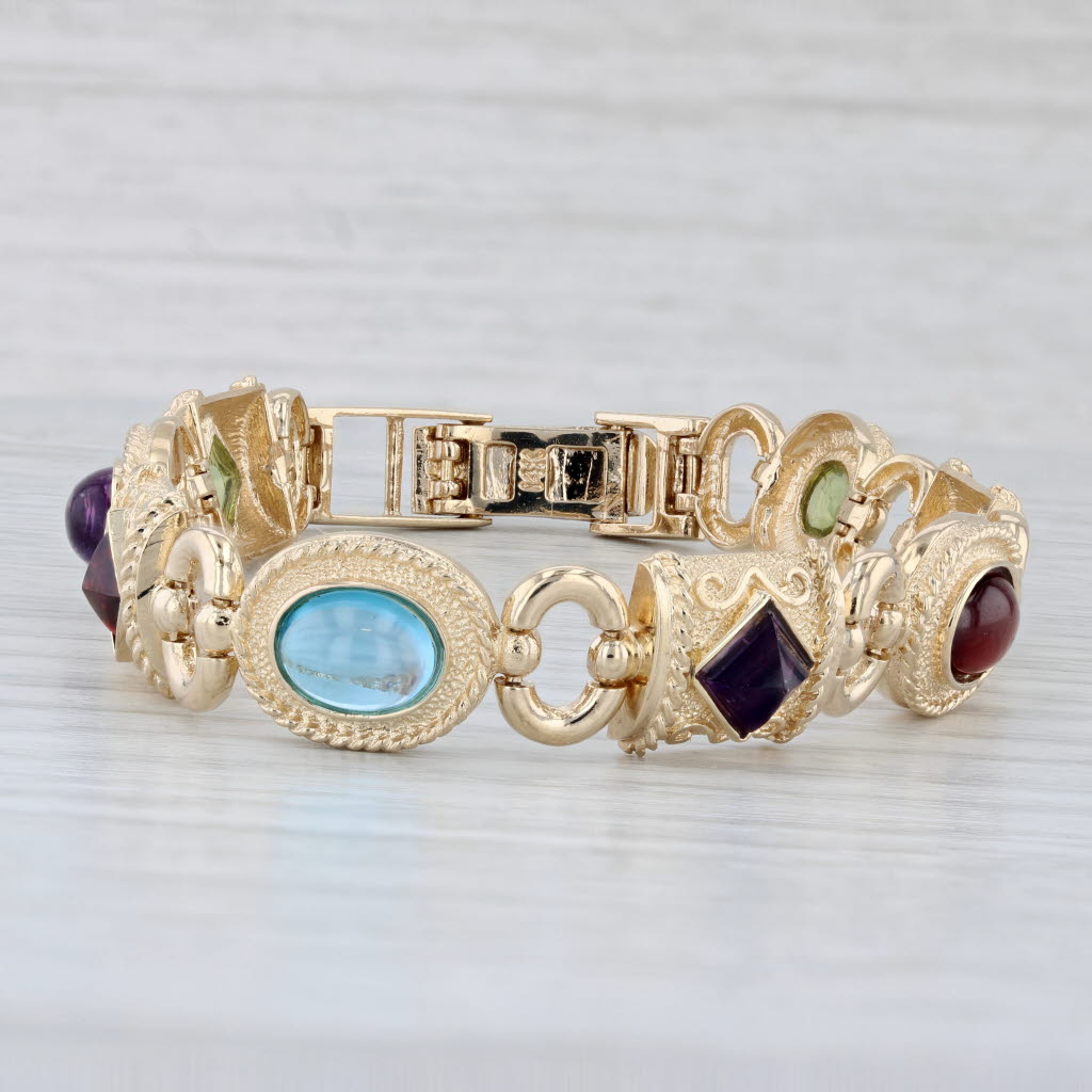 Light Gray Ornate Gemstone Bracelet 14k Gold 7.25" Peridot Amethyst Garnet Topaz Citrine