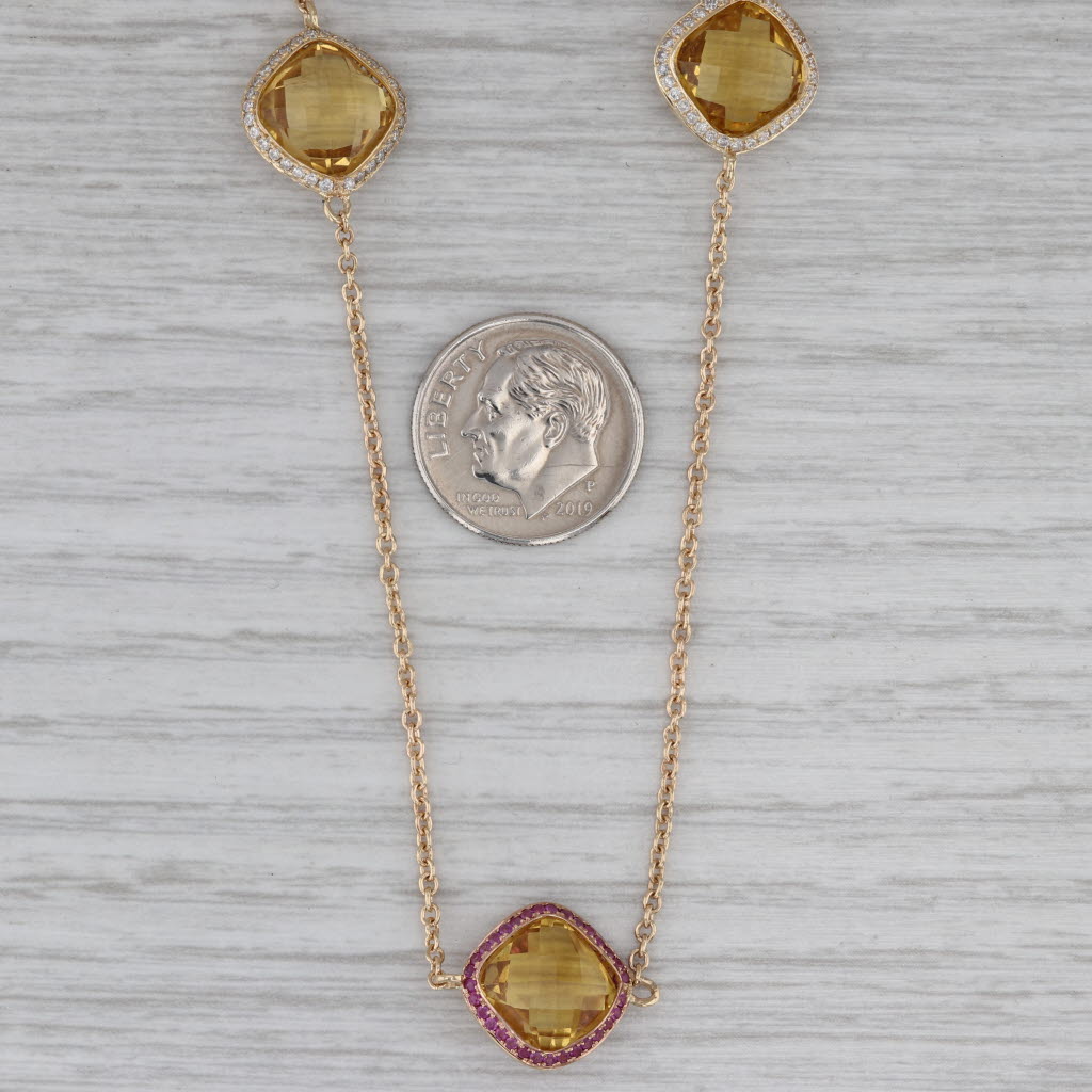 Gray 5.25ctw Citrine Ruby Diamond Station Necklace 14k Yellow Gold 27.25" Cable Chain