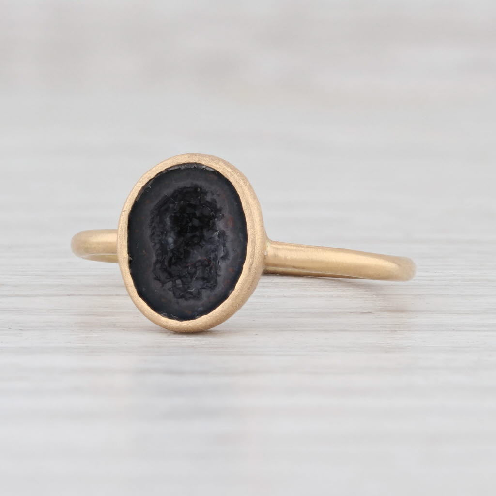 New Nina Wynn Black Quartz Agate Geode Ring 18k Yellow Gold Size 6.75