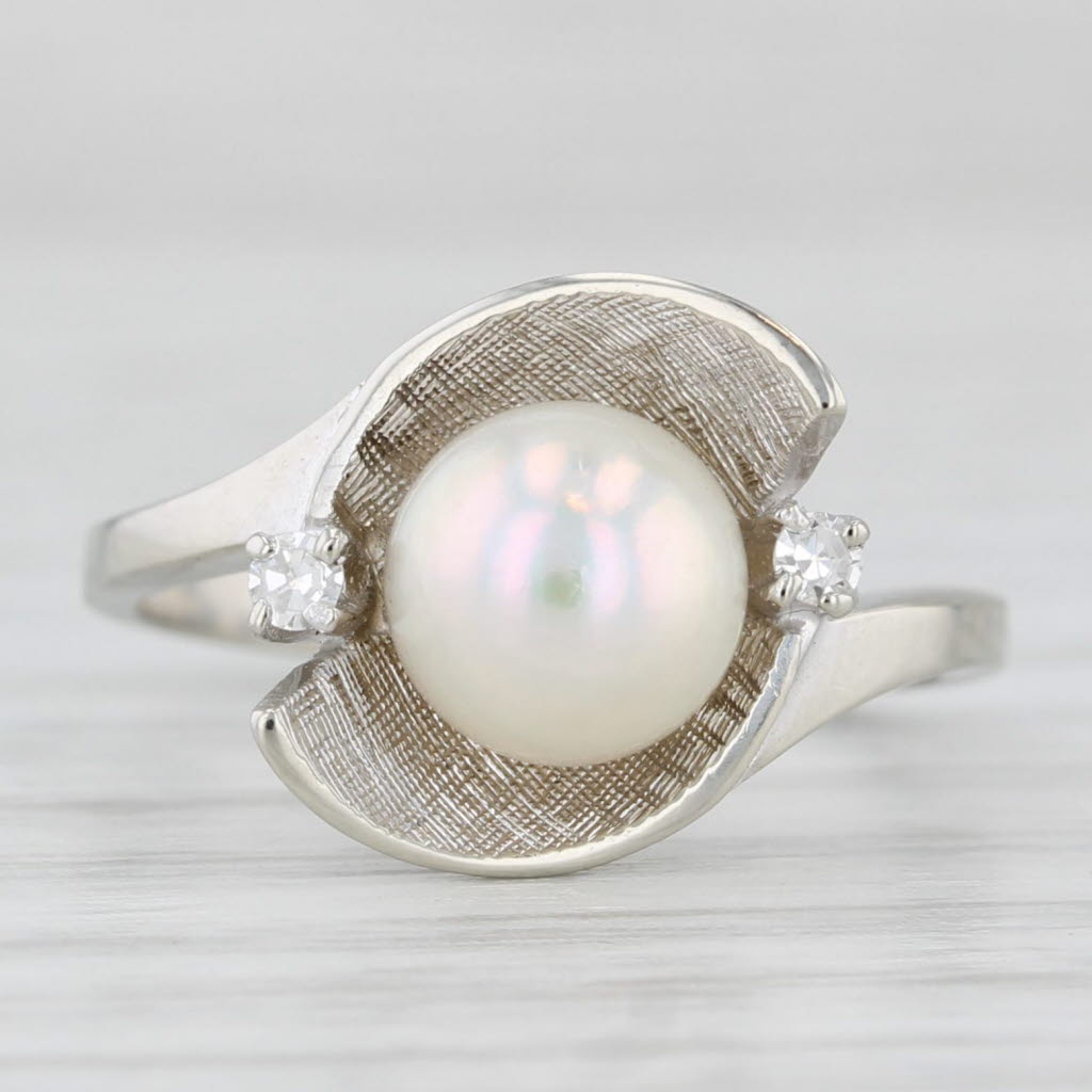 Light Gray Cultured Pearl Diamond Ring 14k White Gold Size 5