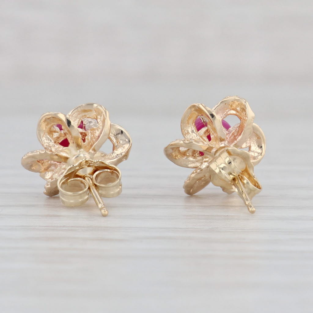 Light Gray Lab Created Ruby Flower Stud Earrings 14k Yellow Gold Round Cabochons