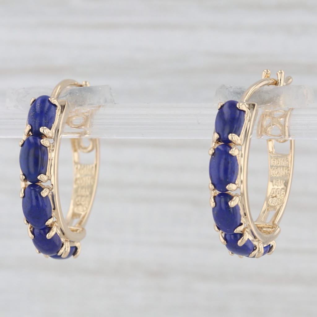 Light Gray Lapis Lazuli Hoop Earrings 14k Yellow Gold Snap Top Round Hoops