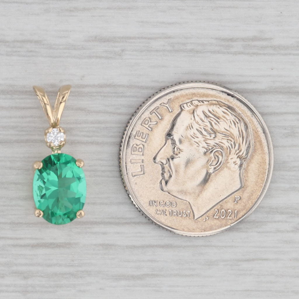 Gray Oval Green Glass Pendant 14k Yellow Gold Cubic Zirconia Small Drop