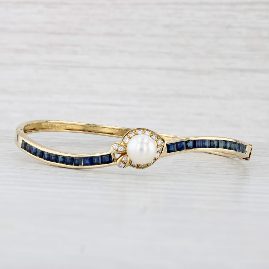 Light Gray Cultured Pearl Sapphire Diamond Bangle Bracelet 18k Yellow Gold 7"
