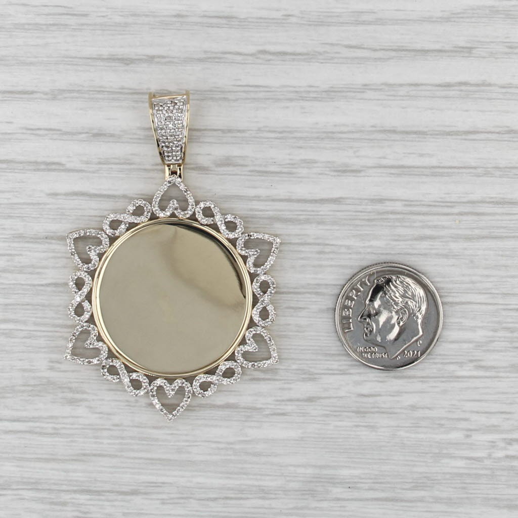 New 0.97ctw Diamond Hearts Medallion Pendant 10k Gold Engravable Photo Holder