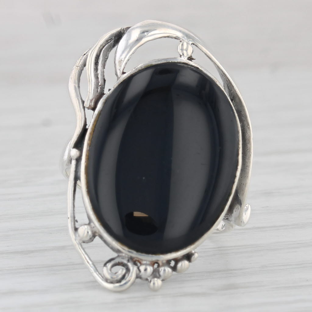 Light Gray Onyx Statement Ring Sterling Silver Size 6.75 Oval Cabochon Solitaire