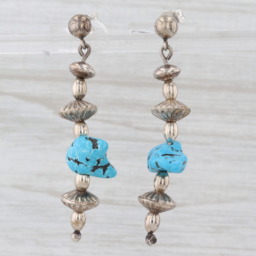 Light Gray Vintage Native American Turquoise Dangle Bead Earrings Sterling Silver