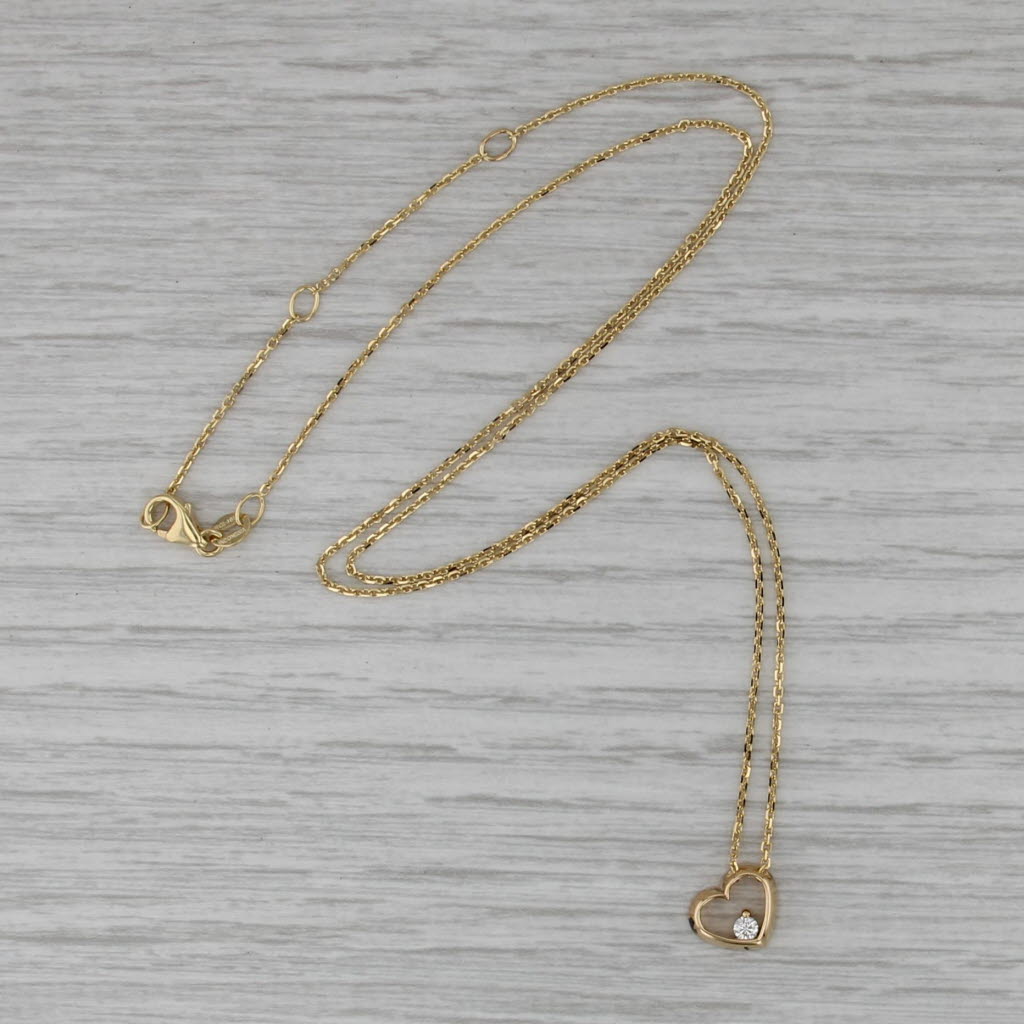 Diamond Solitaire Small Open Heart Pendant Necklace 18k Yellow Gold Cable Chain