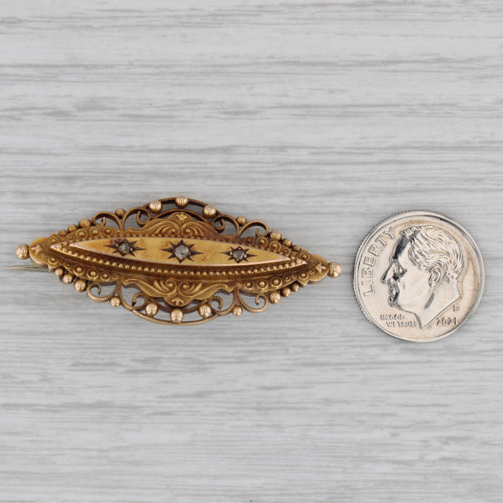 Gray Antique Ornate Diamond Brooch 15k Yellow Gold Pin