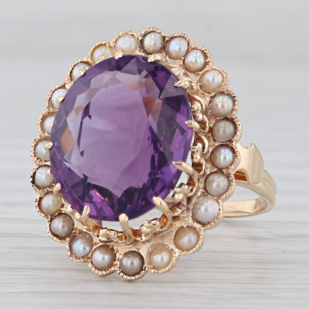 Gray Vintage Amethyst Pearl Halo Cocktail Ring 12k Yellow Gold Size 8.5