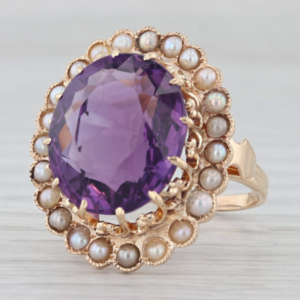 Vintage Amethyst Pearl Halo Cocktail Ring 12k Yellow Gold Size 8.5
