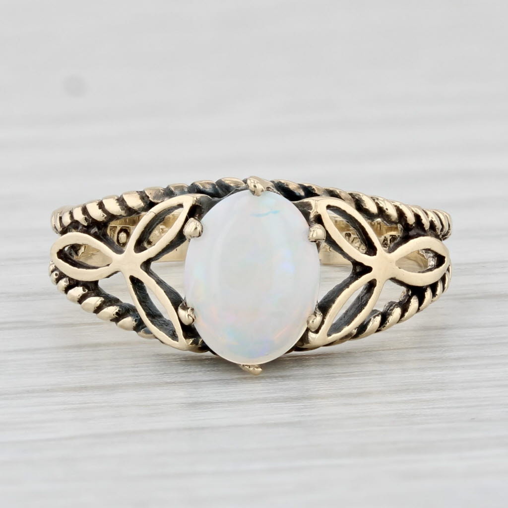 Light Gray Vintage Opal Solitaire Ring 10k Yellow Gold Size 6.5 Oval Cabochon Solitaire