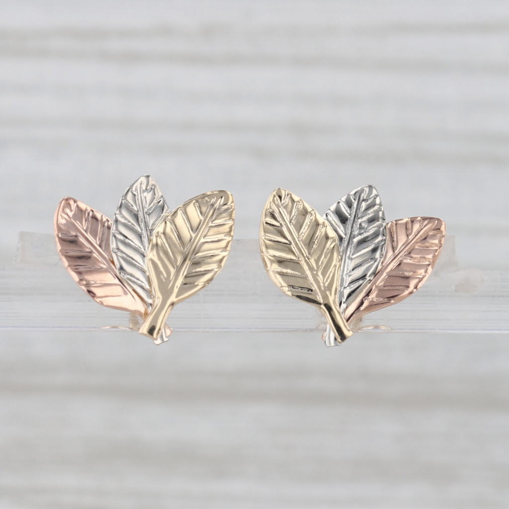 Tri-Toned Leaf Stud Earrings 14k White Yellow Rose Gold Studs