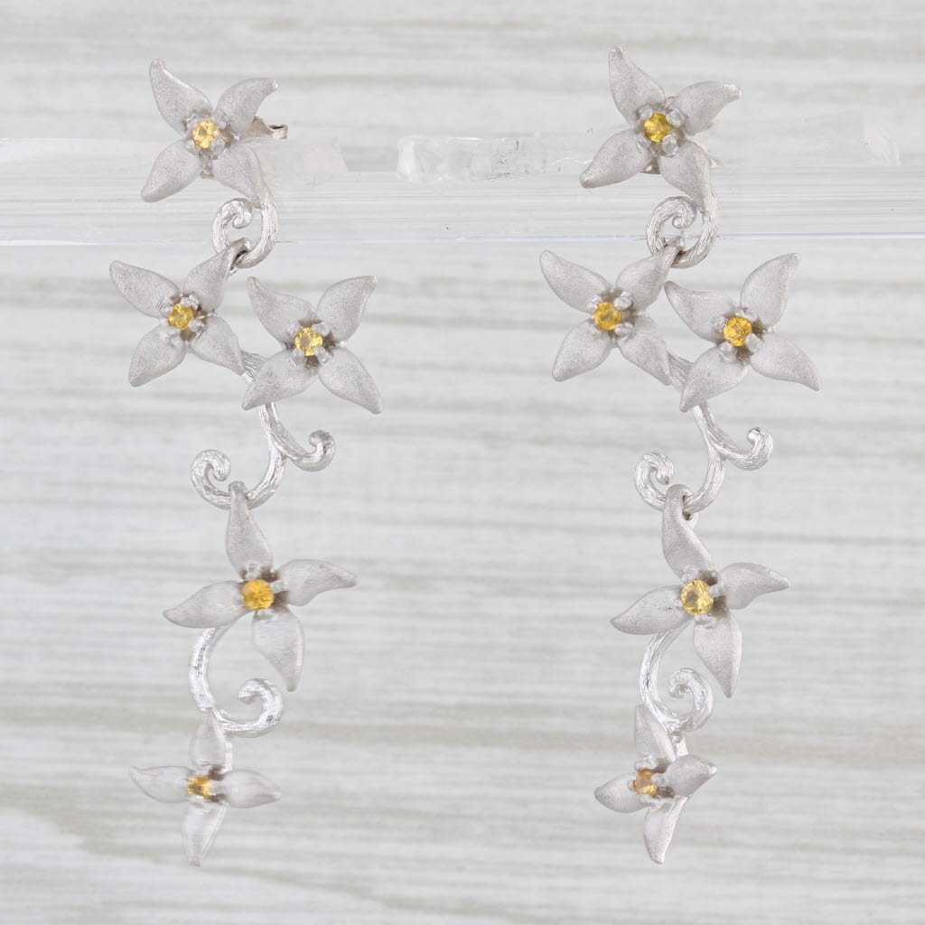 Light Gray Galatea 0.20ctw Yellow Sapphire Dangle Flower Earrings 14k White Gold Drop