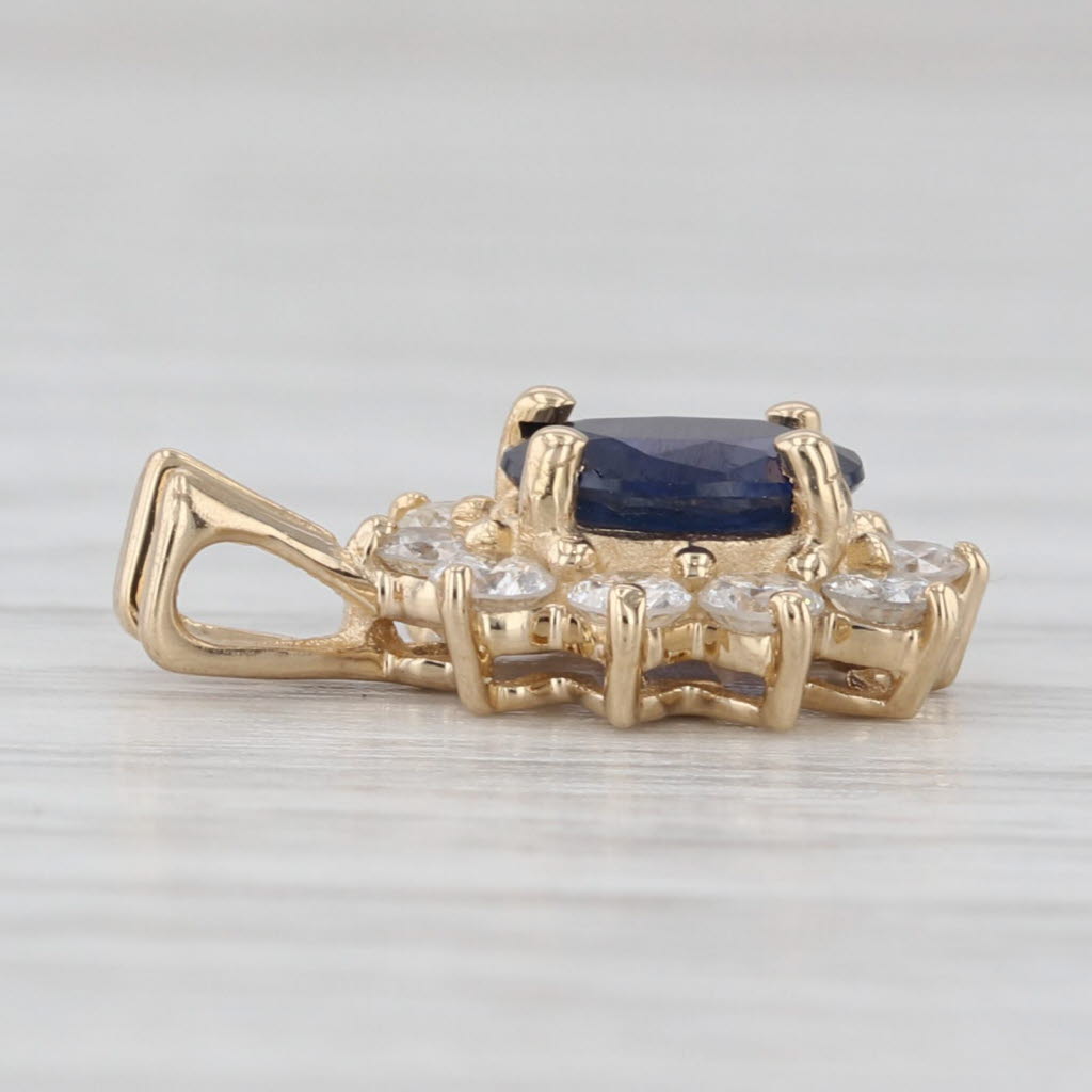 Light Gray 1.30ctw Blue Sapphire Diamond Halo Pendant 14k Yellow Gold Small Drop