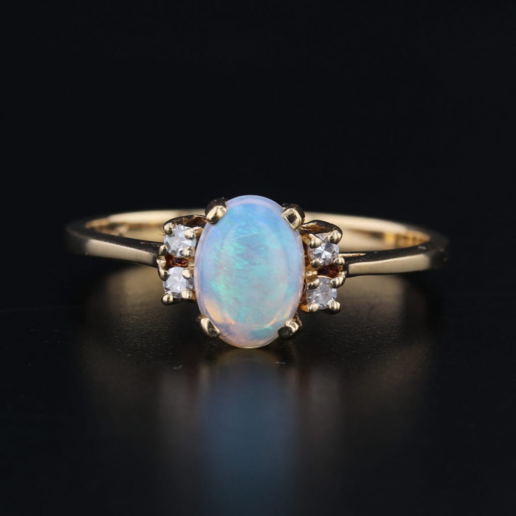 Opal Diamond Ring 18k Yellow Gold Size 6.25 Oval Cabochon
