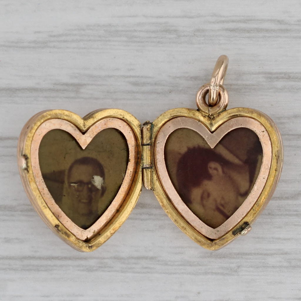 Gray Vintage Pearl Glass Heart Picture Locket Pendant 14k Yellow Gold Charm