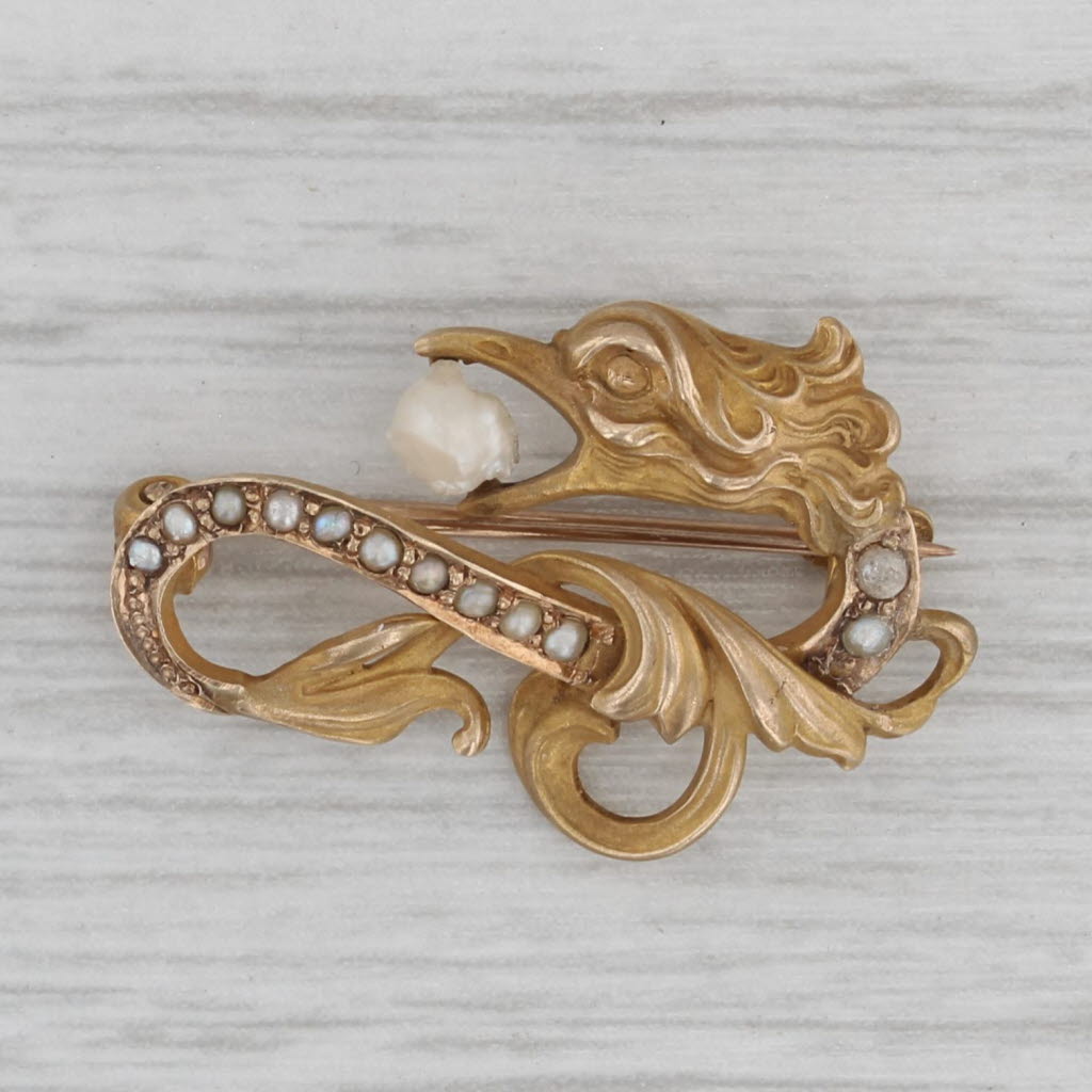 Gray Art Nouveau Cultured Baroque Pearl Dragon Pin 10k Yellow Gold Antique Brooch