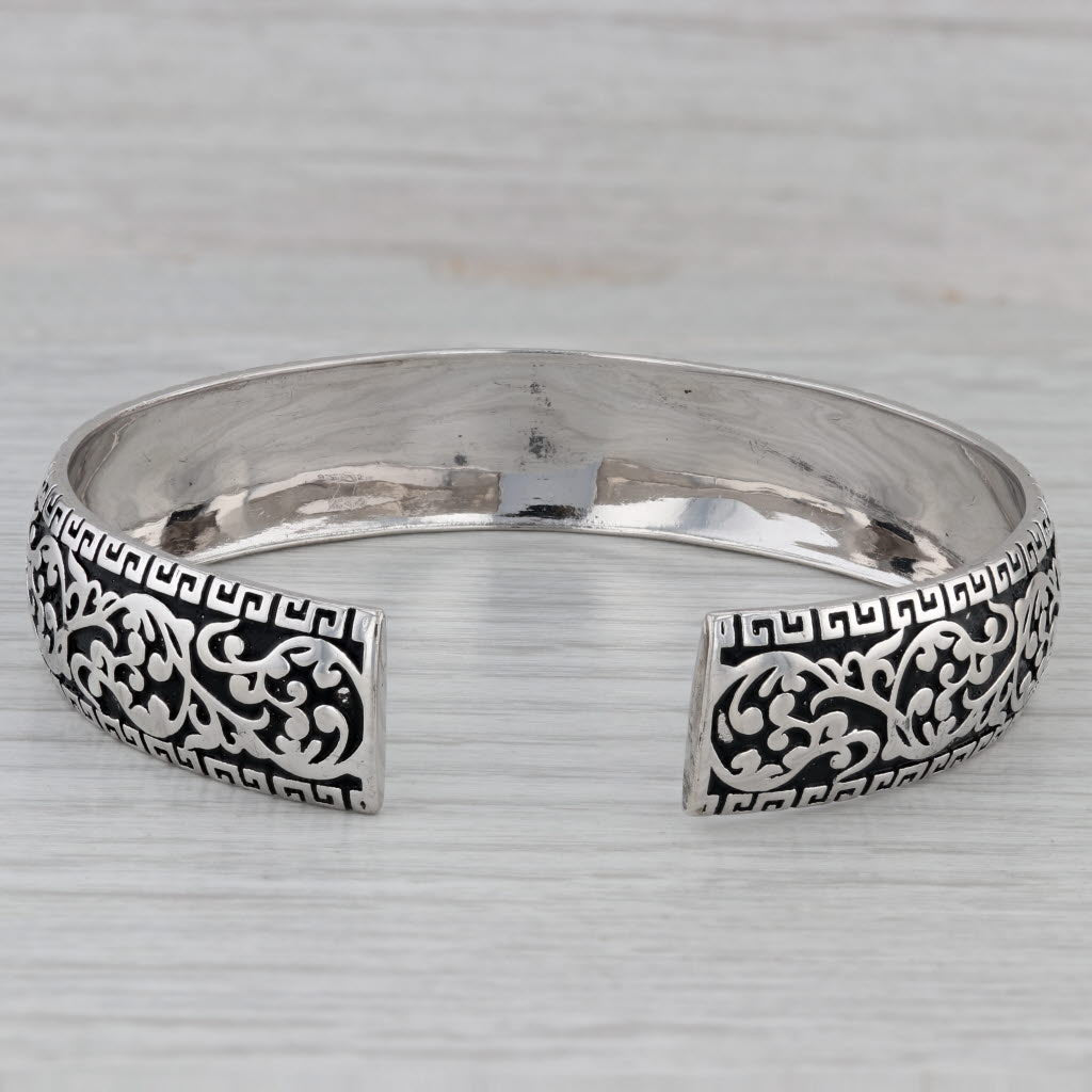 Gray Vintage Ornate Floral Pattern Cuff Bracelet Sterling Silver 7.25" 13.5mm