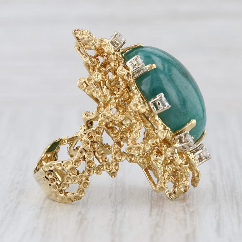 Green Jadeite Jade Cabochon Diamond Cocktail Ring 18k Yellow Gold Size 8.5