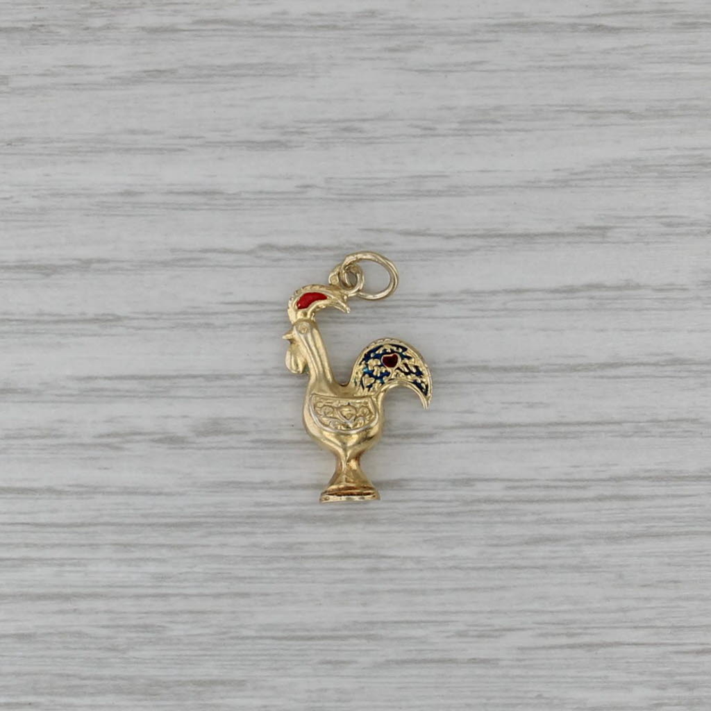 Vintage Rooster Chicken Charm 20k Yellow Gold Enamel Portugal Pendant