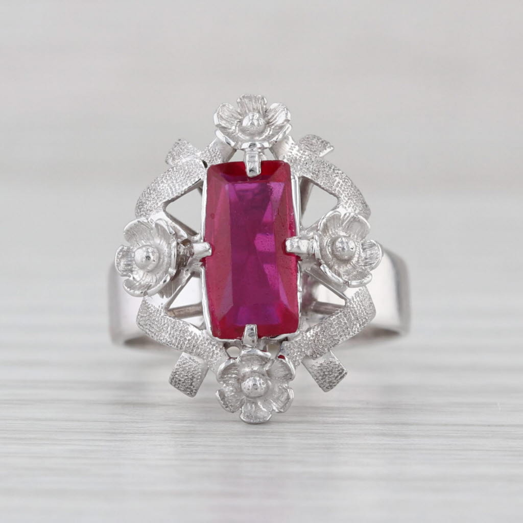 1.90ctw Lab Created Ruby Ornate Flower Ring 10k White Gold Vintage Size