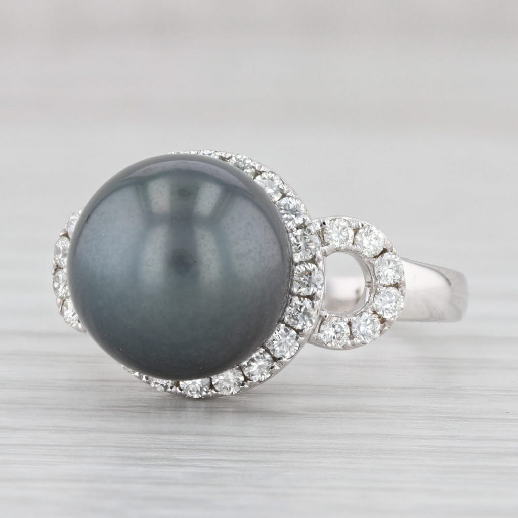 Light Gray New Tahitian Black Pearl 0.55ctw Diamond Halo Ring 14k White Gold Size 7