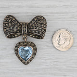 Vintage Lab Created Blue Spinel Heart Bow Brooch Sterling Silver Marcasite Pin
