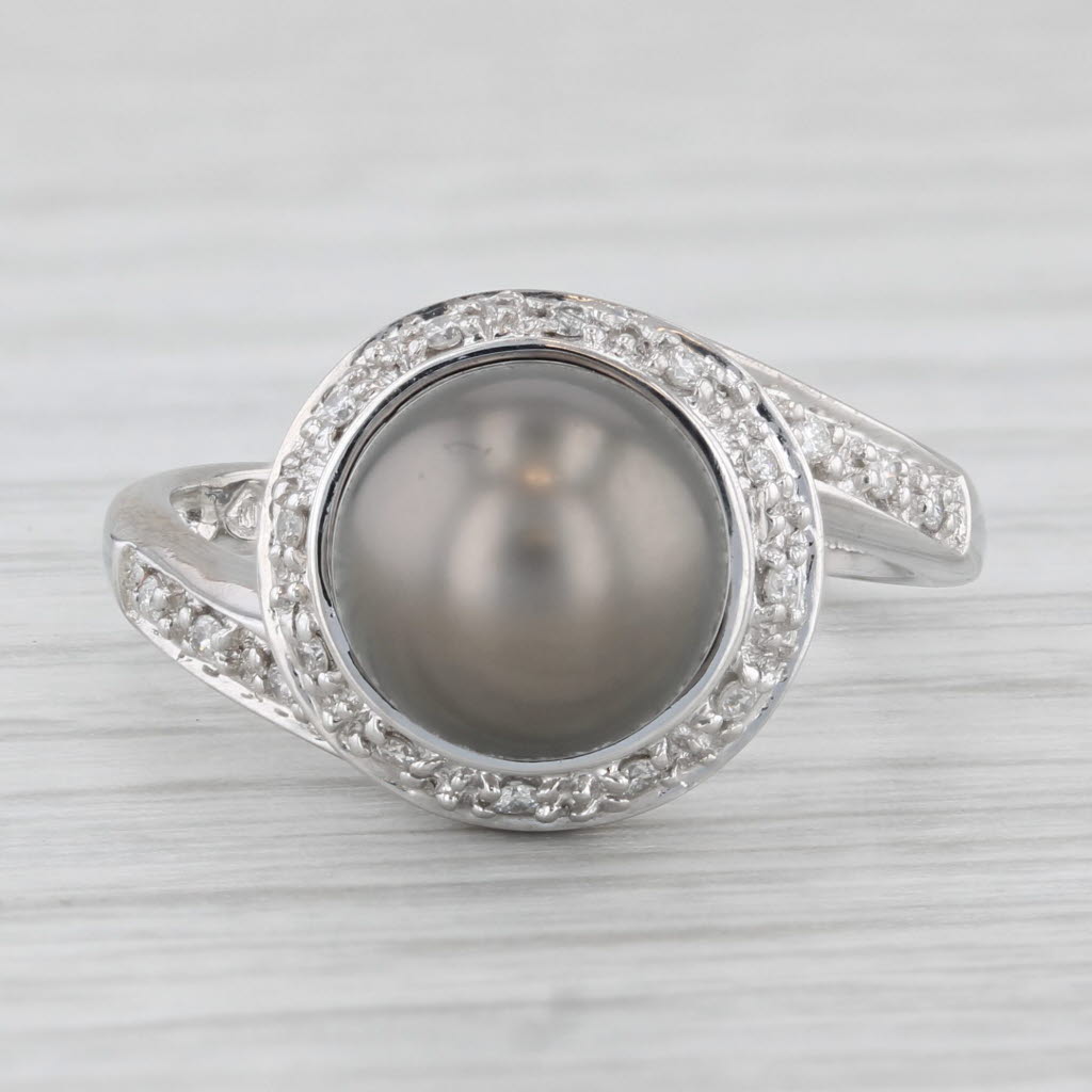 Light Gray Black Cultured Pearl Diamond Halo Ring 14k White Gold Size 7 Bypass