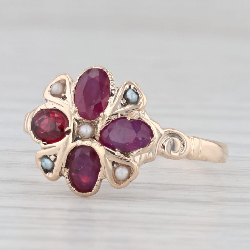 Light Gray Antique Ruby Garnet Pearl Flower Ring 10k Yellow Gold Size 8.25