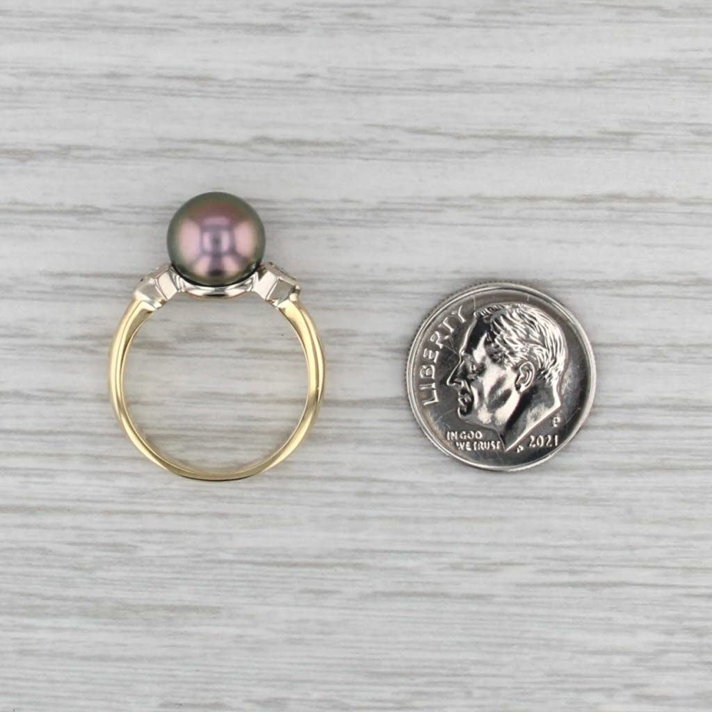 Black Cultured Pearl Diamond Ring 18k Yellow White Gold Size 6