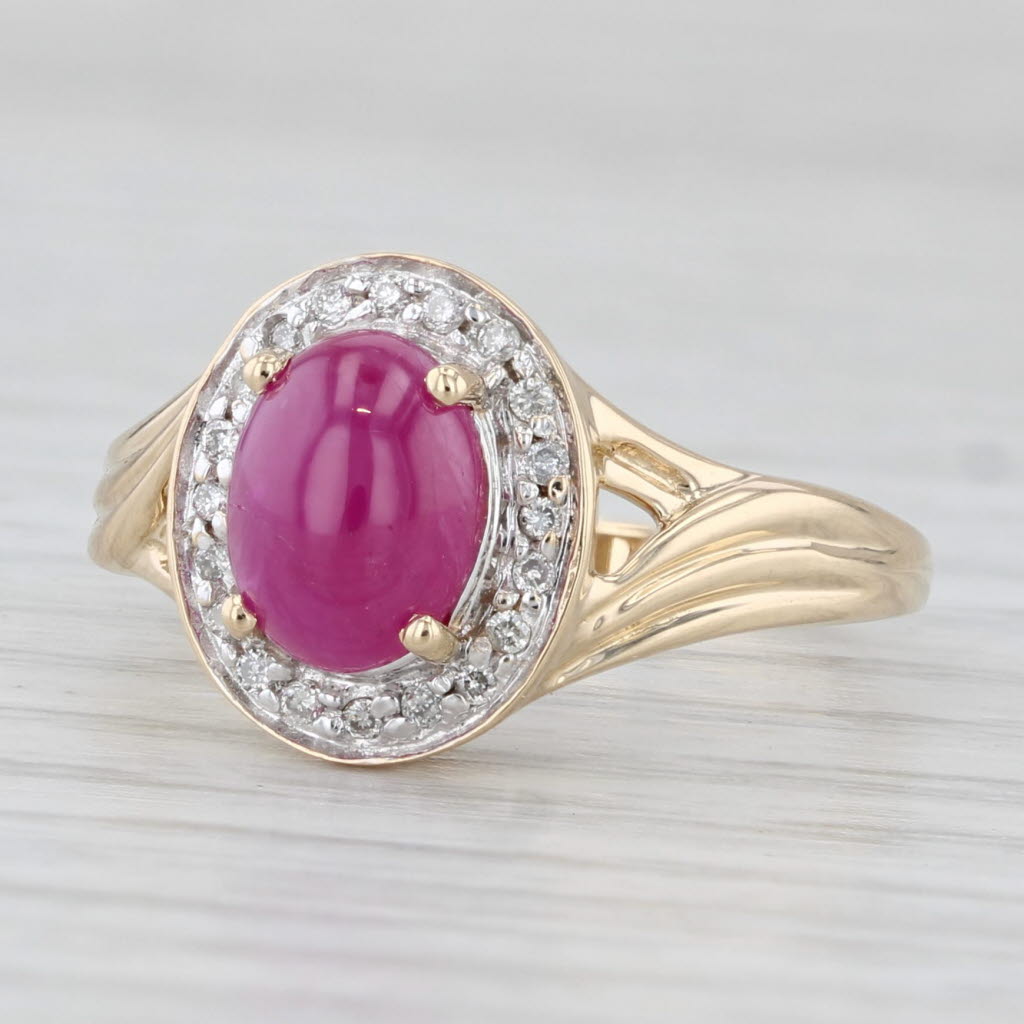 Light Gray Oval Cabochon Ruby Diamond Halo Ring 14k Yellow Gold Size 7.25