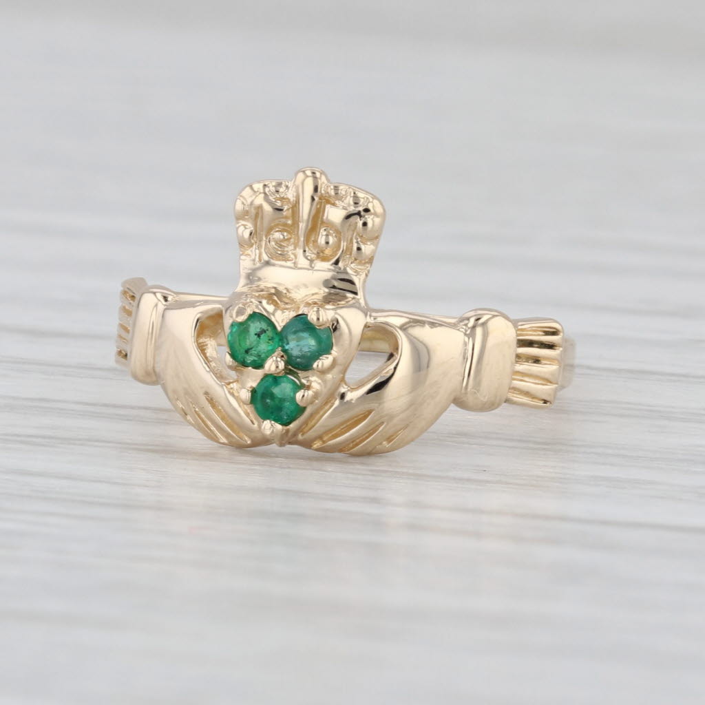 0.12ctw Emerald Flower Claddagh Ring 14k Yellow Gold Size 6