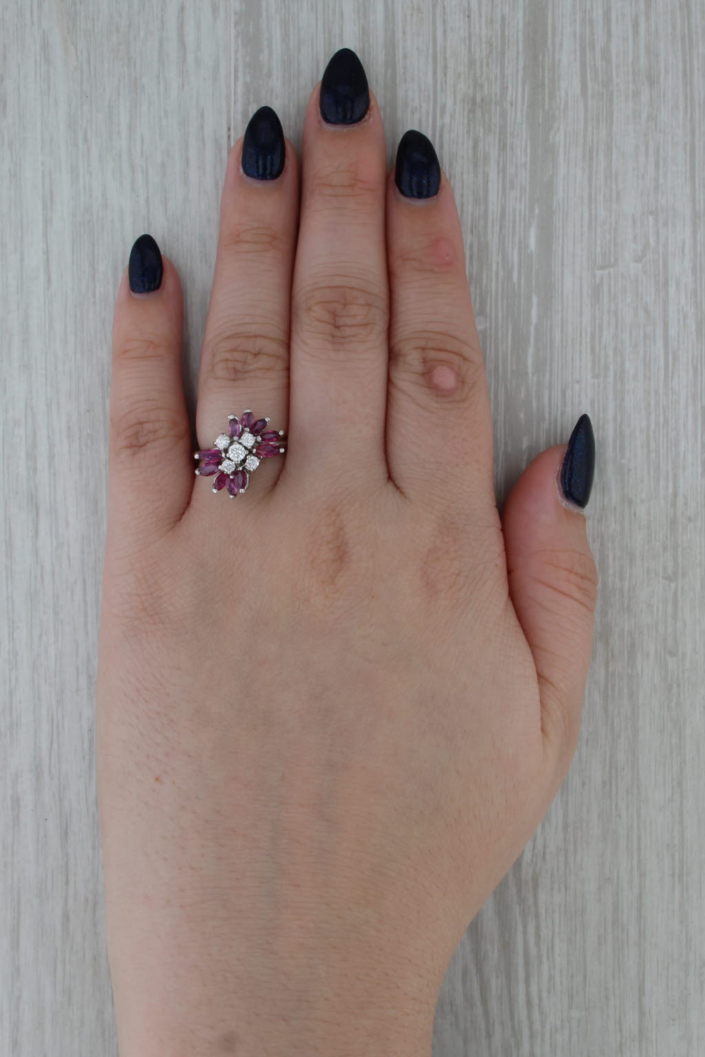 1.75ctw Ruby Diamond Flower Cluster Ring 14k White Gold Size 6.75