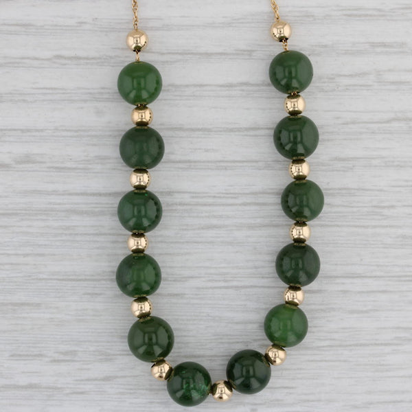 Green Nephrite Jade Bead Necklace 14k Yellow Gold 17.5" Rope Chain