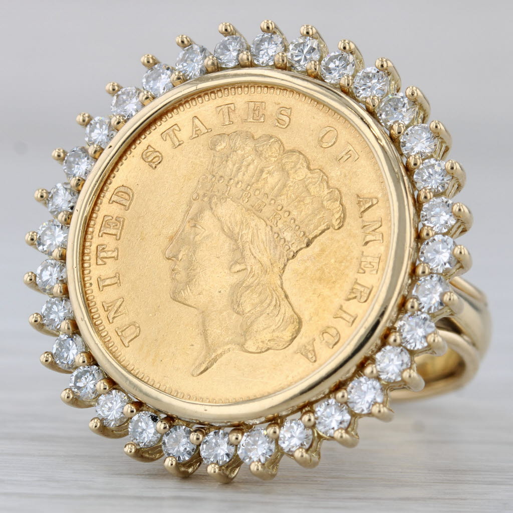 Gray 1.40ctw Diamond Halo Coin Ring 1874 3 Dollar Copy 18k 900 Gold Size 6.75