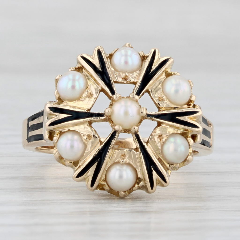 Light Gray Vintage Cultured Pearl Cluster Ring 14k Yellow Gold Enamel Size 7