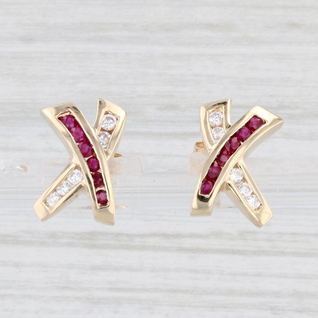 Light Gray 0.59ctw Ruby Diamond X Crossover Earrings 14k Yellow Gold Studs