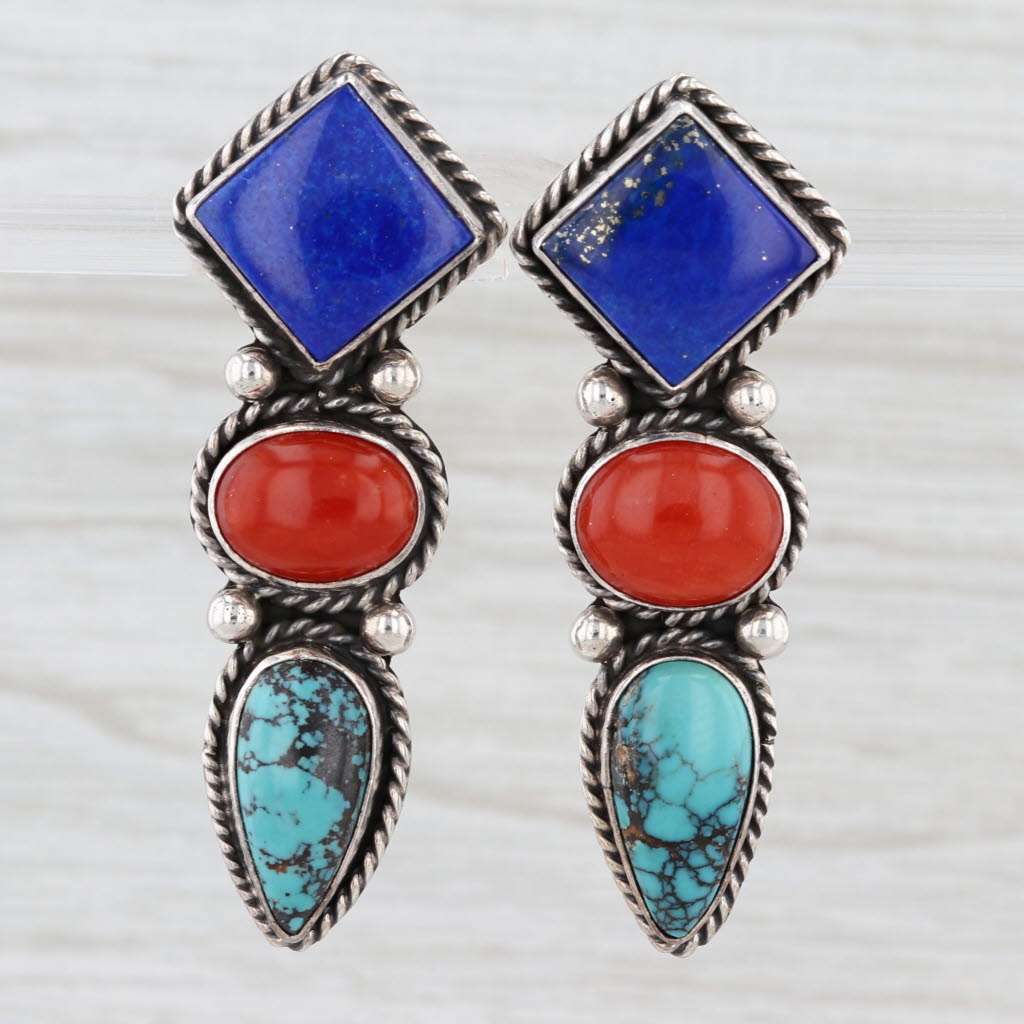 Vintage Southwestern Drop Earrings Sterling Silver Lapis Lazuli Coral Turquoise