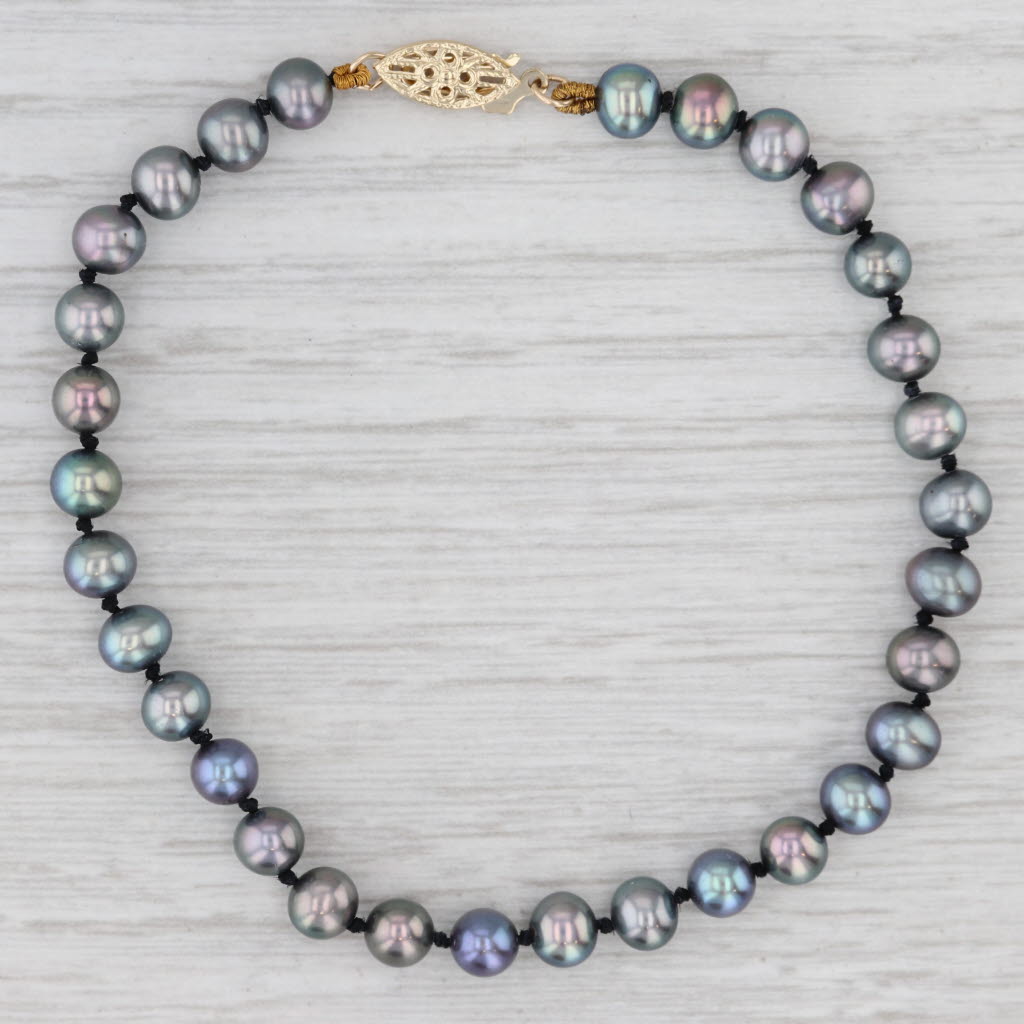 Light Gray Black Cultured Pearl Single Strand Bracelet 14k Yellow Gold 7.25"