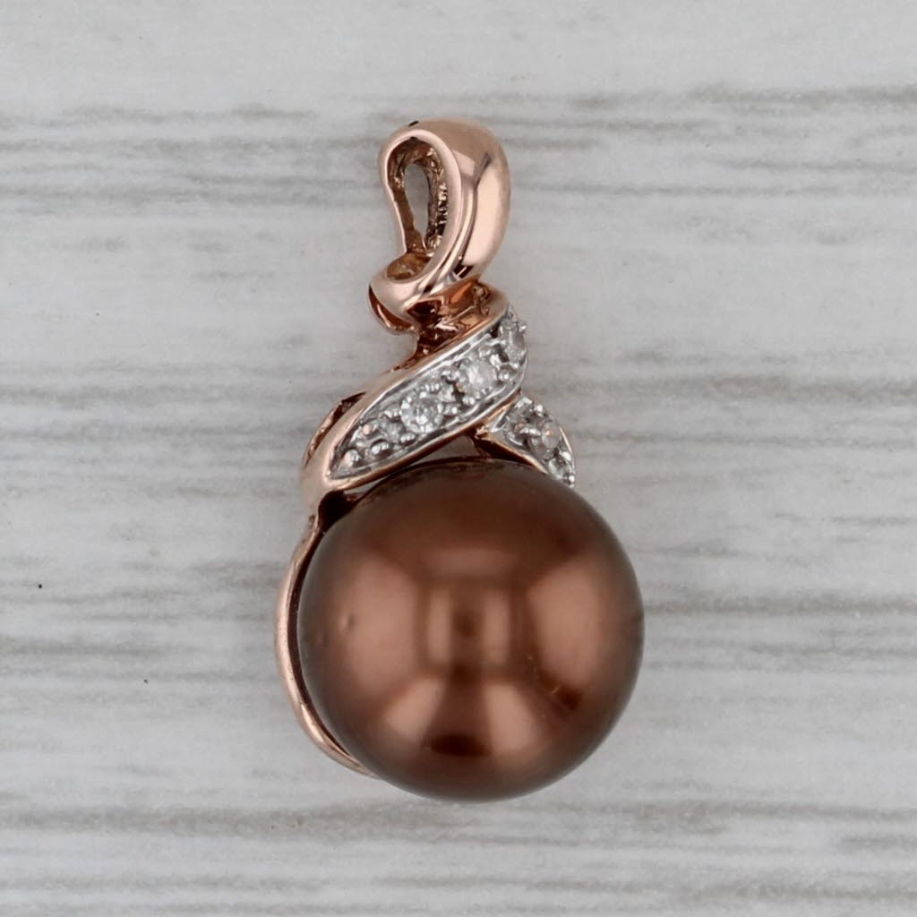 Dark Gray Dyed Bronze Cultured Pearl Pendant 14k Rose Gold Diamond Accents