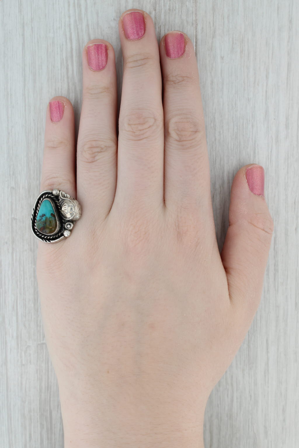 Gray Large Native American Turquoise Feather Ring Sterling Silver Size 6 Statement