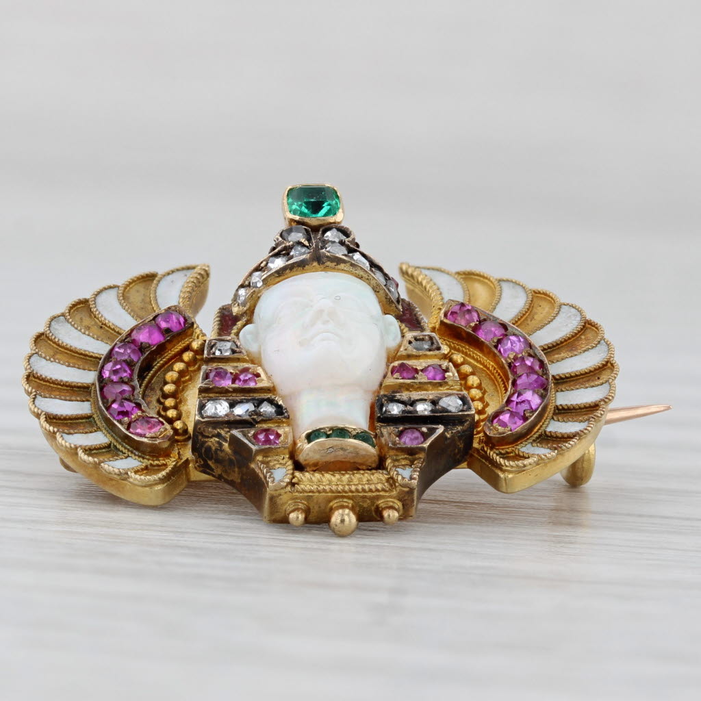 Light Gray Carl Bacher Antique Jeweled Winged Carved Opal Pharaoh Bust Brooch 14k-20k Gold