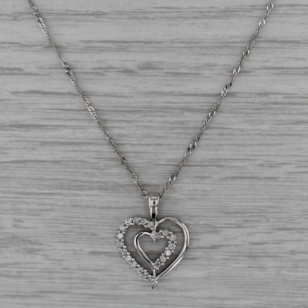 0.20ctw Diamond Double Openheart Pendant 10k White Gold 18" Singapore Chain