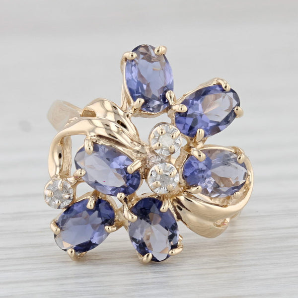 Light Gray 2.34ctw Iolite Diamond Cluster Ring 14k Yellow Gold Size 7 Floral Cocktail